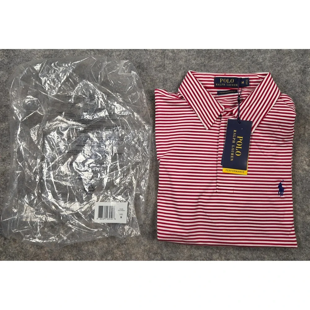 Polo Ralph Lauren Performance Mens Red White Striped Golf Polo Shirt Size M NWT